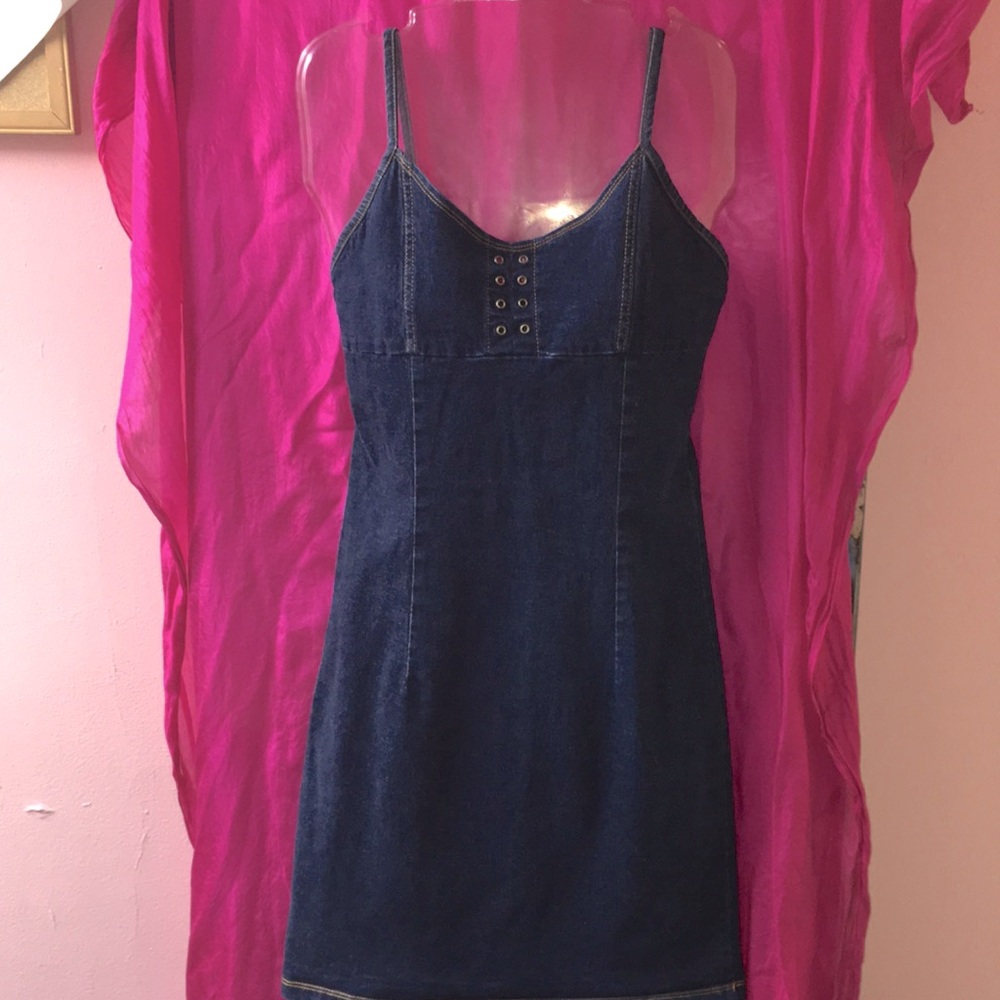 Dark Blue Denim Spaghetti Strap Dress with Front Grommets